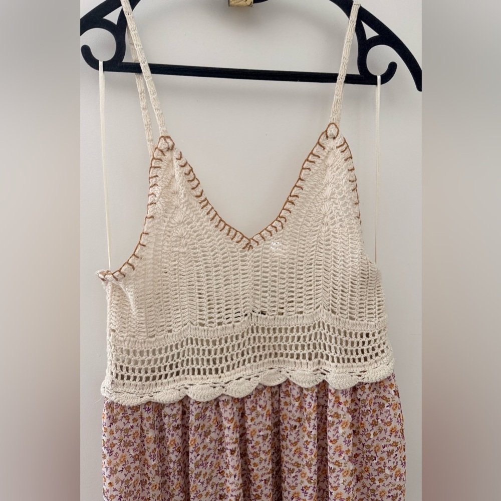 Euro Sumer Zara Cream Crochet Bodice Pink Floral Maxi Dress size m - Picture 3 of 7